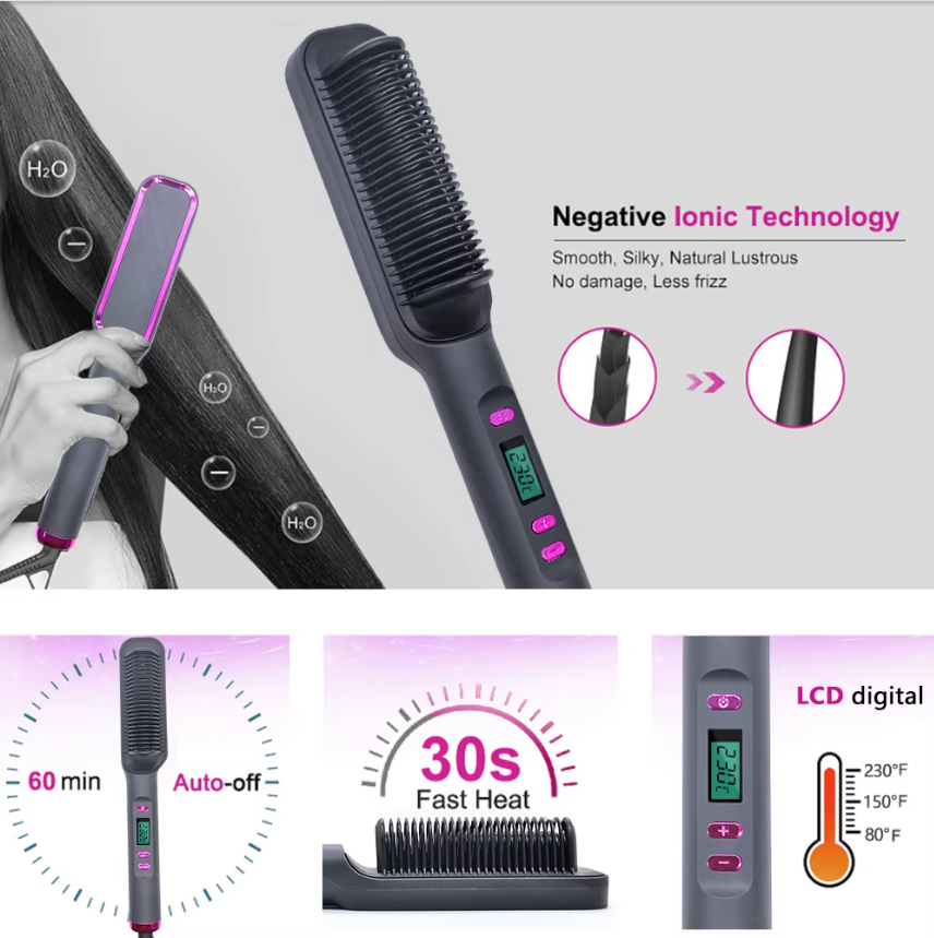 Anti-Scald Heated Hair Straightening Comb – Fast Heating Hair Straightener & Curler | Smooth, Frizz-Free Styling (Purple, Pink, White, Gold, Gray) Hair Straightener Comb
