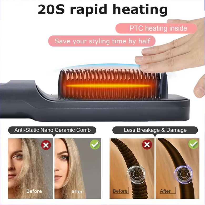Anti-Scald Heated Hair Straightening Comb – Fast Heating Hair Straightener & Curler | Smooth, Frizz-Free Styling (Purple, Pink, White, Gold, Gray) Hair Straightener Comb