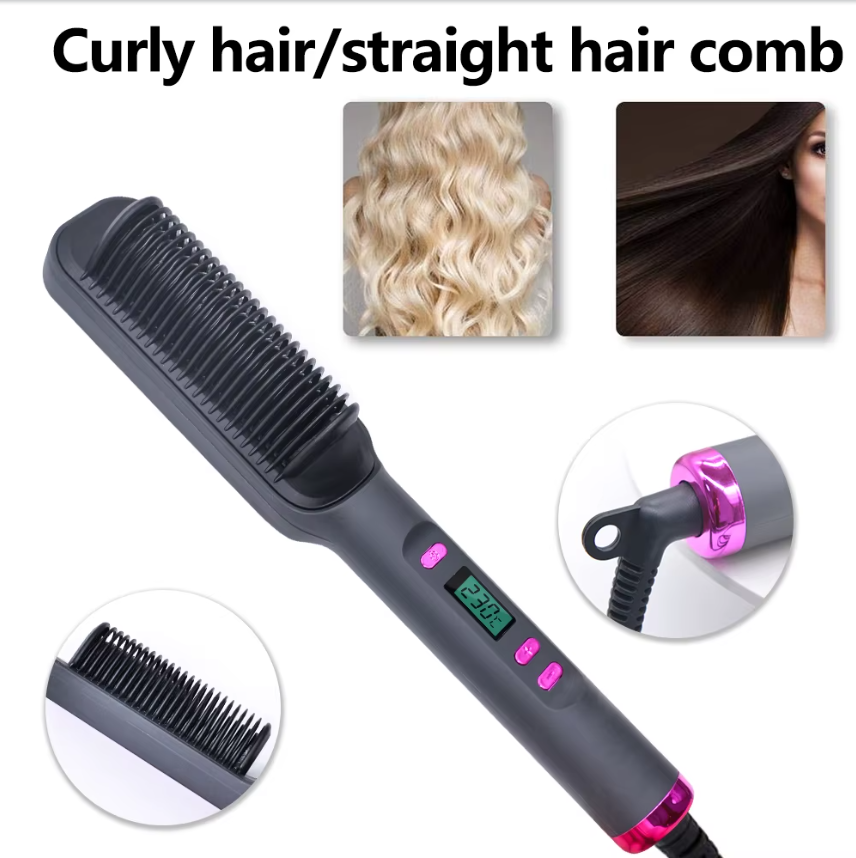 Anti-Scald Heated Hair Straightening Comb – Fast Heating Hair Straightener & Curler | Smooth, Frizz-Free Styling (Purple, Pink, White, Gold, Gray) Hair Straightener Comb